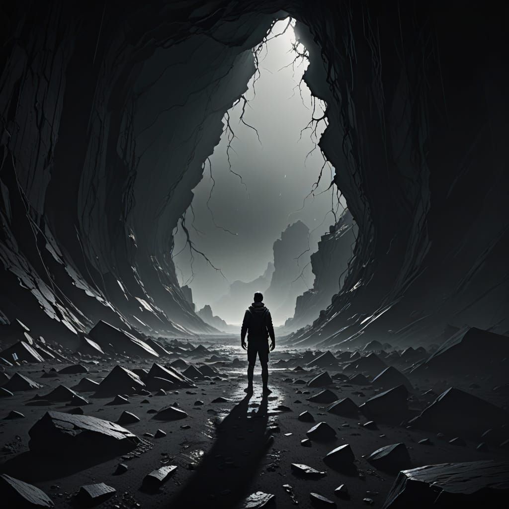 Person Confronts Pulsing Void in Surreal Desolate Landscape