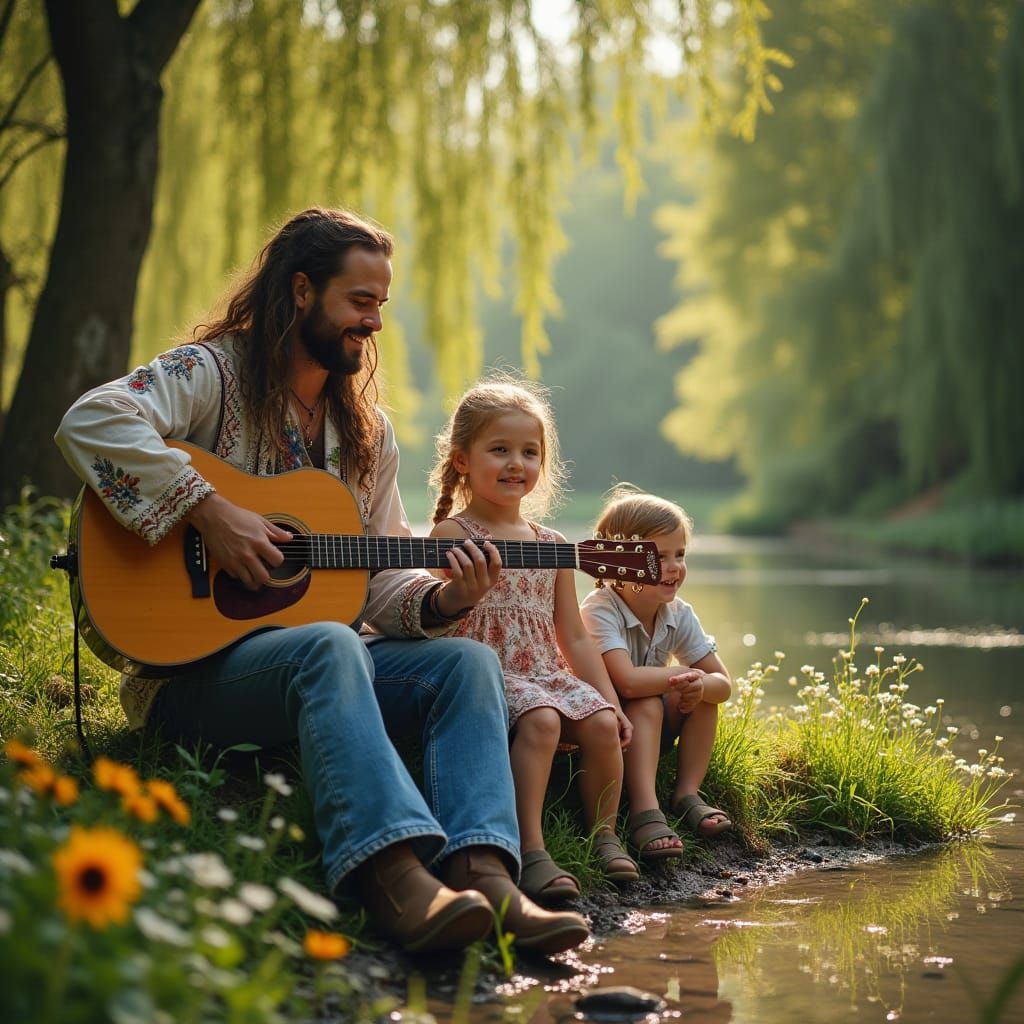 Bohemian Guitarist in Deep Woods with Children