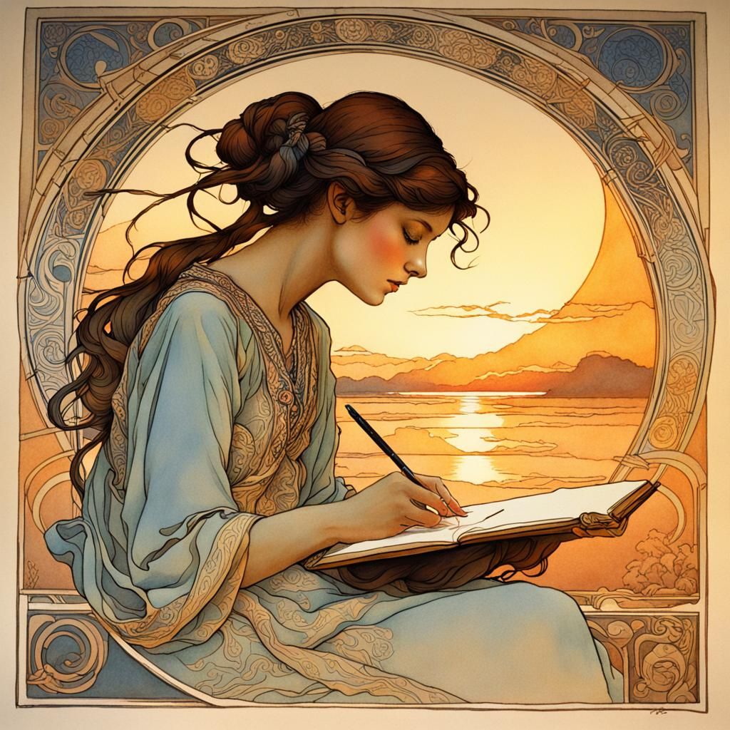 Elegant Scribe: Pre-Raphaelite Digital Painting