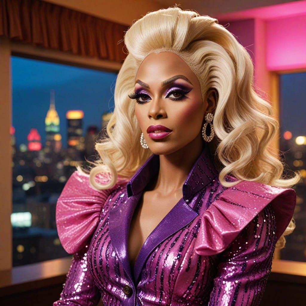 Confident Drag Queen in Vibrant Cityscape Portrait