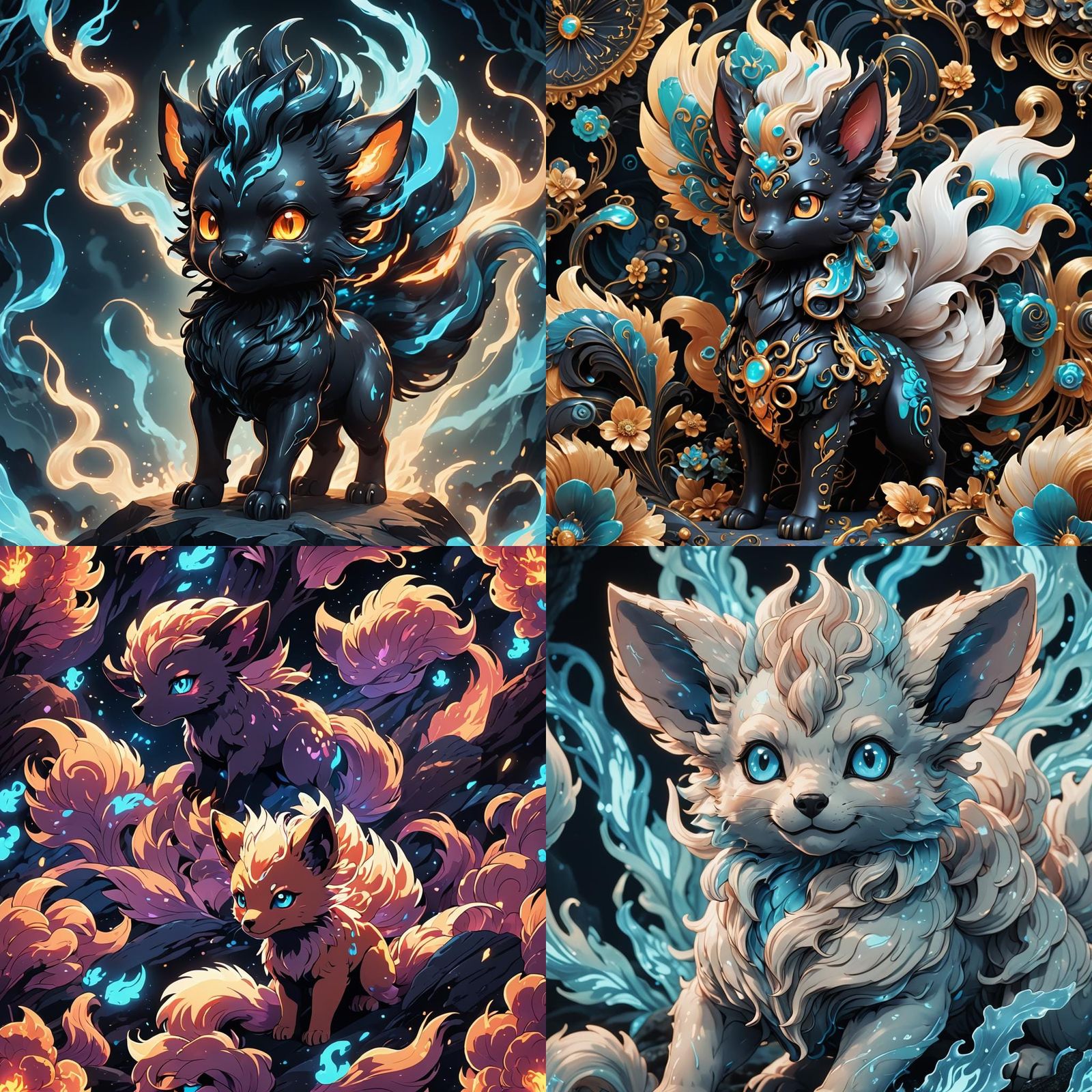 Bioluminescent Black Vulpix in Anime Style