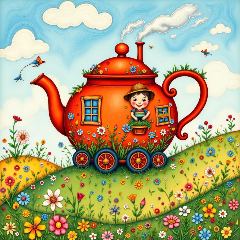 Imagine a majestic teapot designed as a whimsical, traveling...