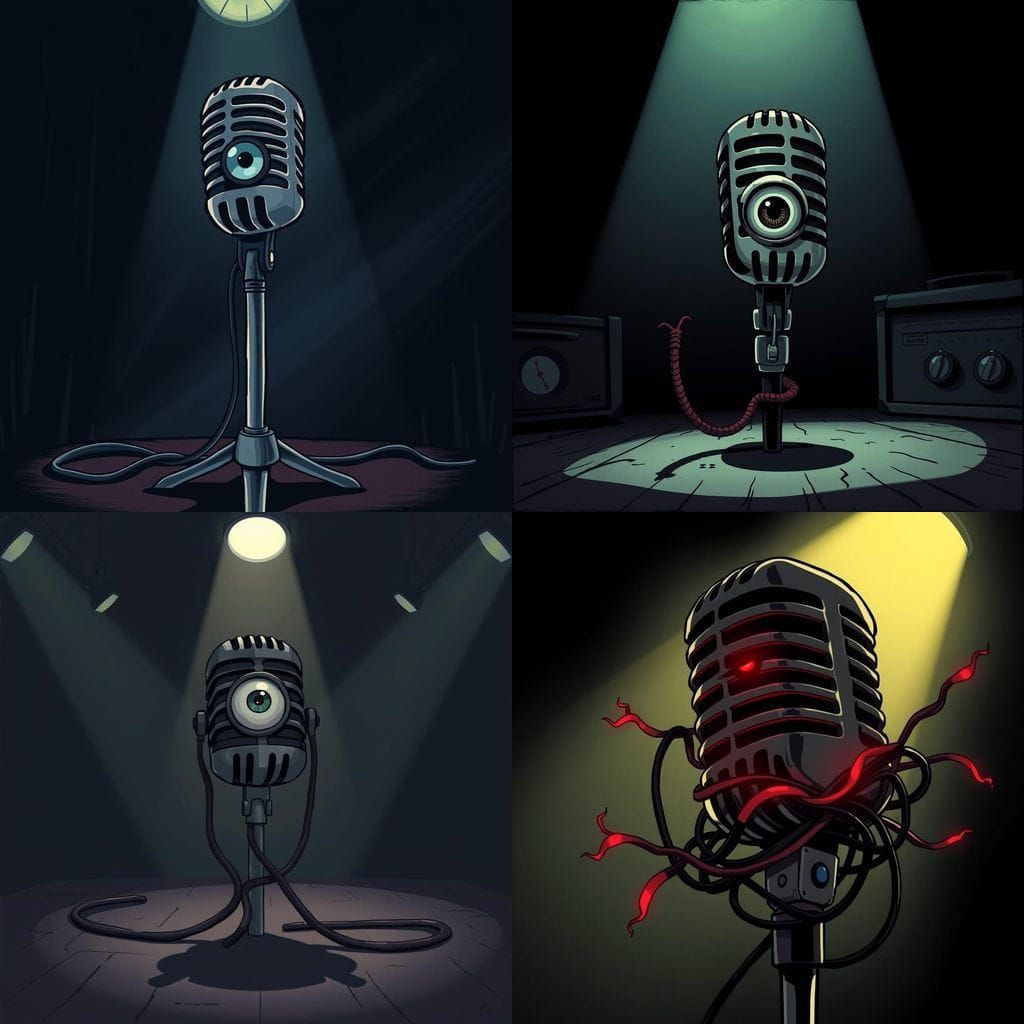 Creepy Cartoon Microphone with Blinking Eye in Eerie Studio