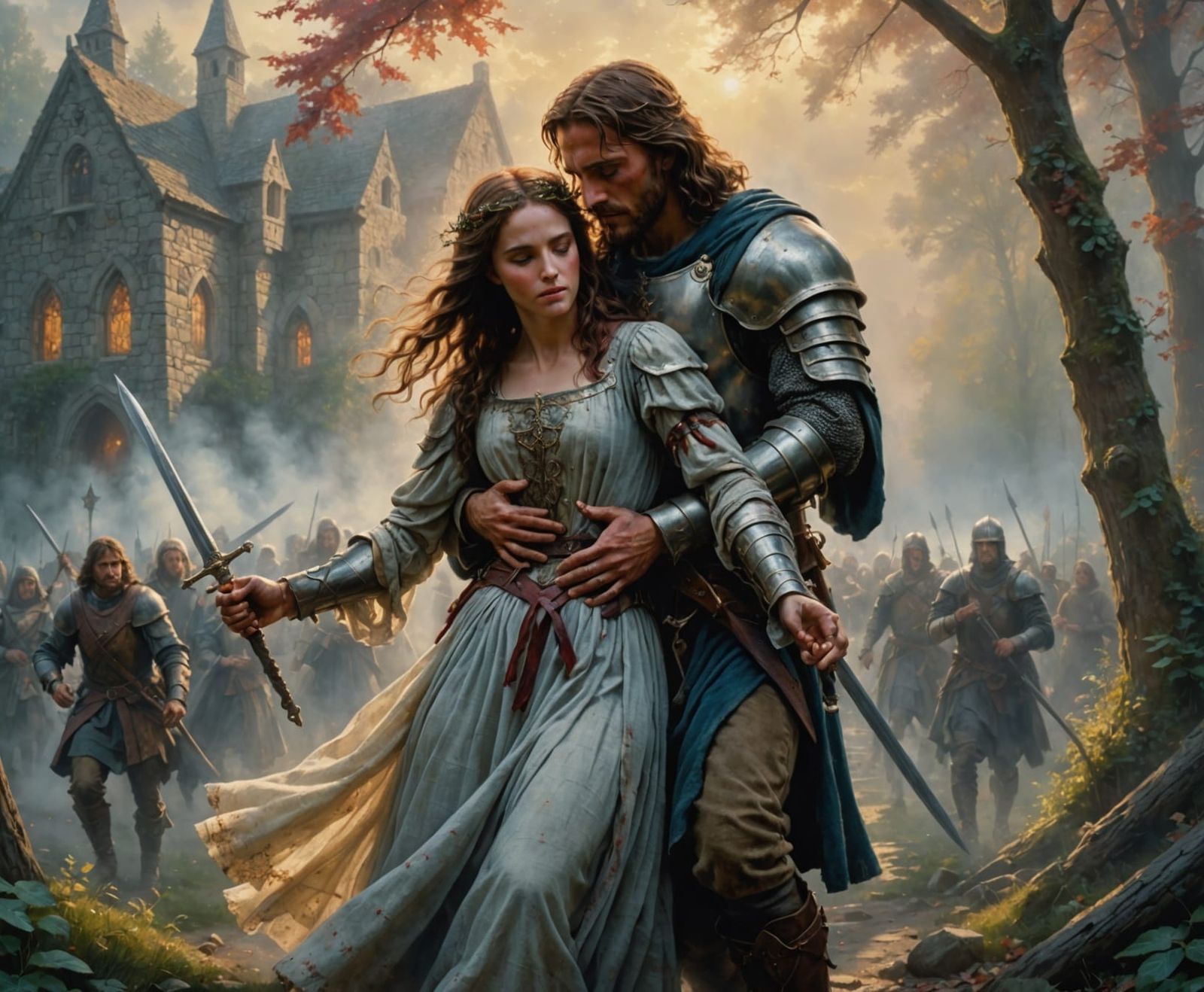 Jesus Comforts Wounded Knight in Ethereal Landscape