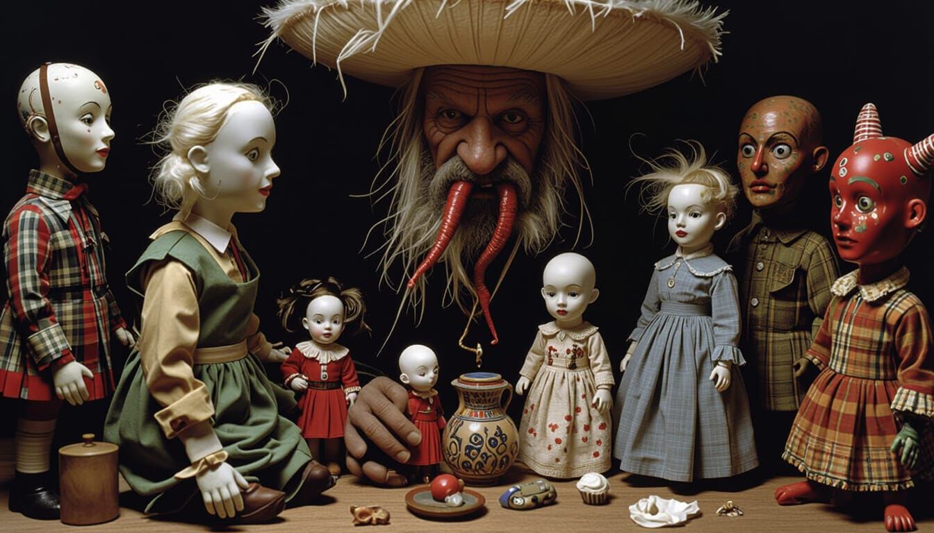 Surreal Medicine Man With Bellmer Dolls in Hyperrealistic St...