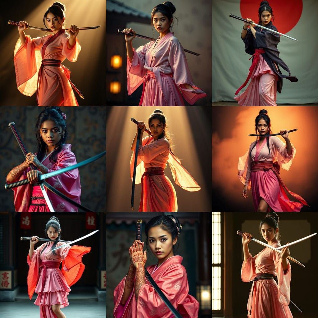 Young Indian Warrior in Japanese Kimono and Katana, Cinemati...