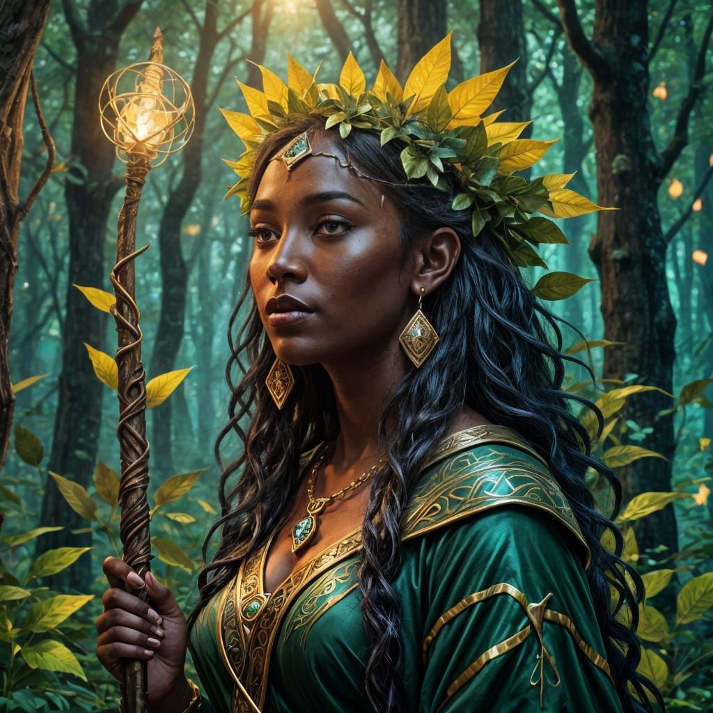 Dark-Skinned Druid with Staff in Deep Forest