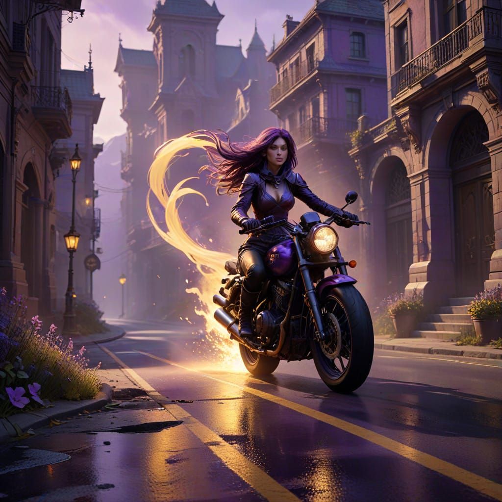 Mysterious Lady Speeds Down Endless Purple Road on Motorcycl...