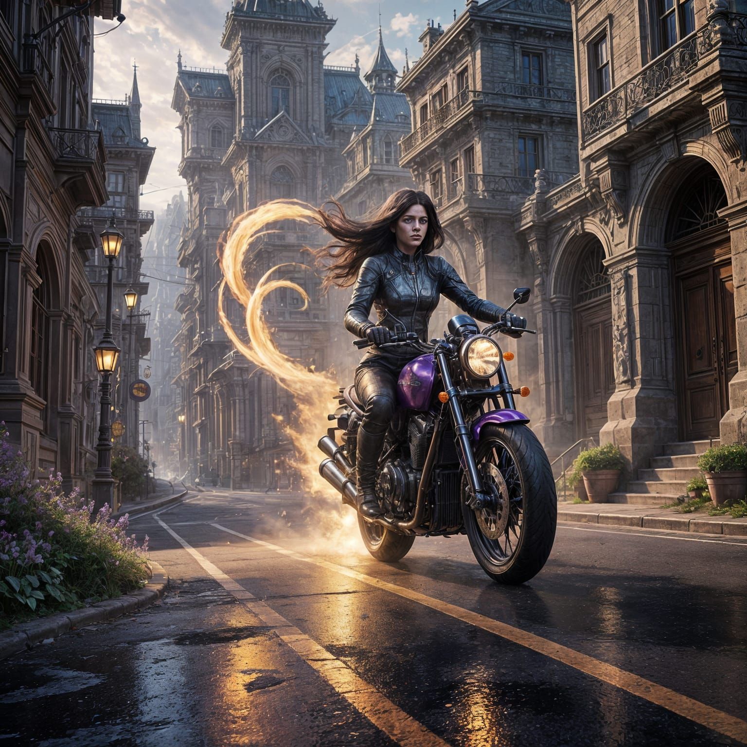 Lady Rider Cruising Through a Dark Fantasy Landscape in Purp...