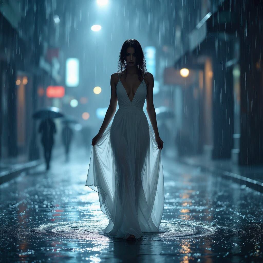 Model in Sheer Dress in Rain, Cinematic Lighting