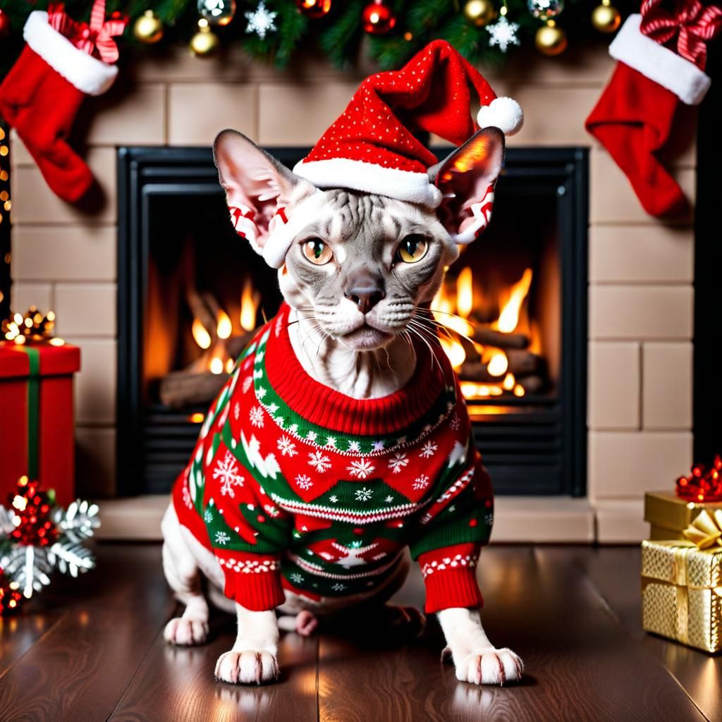 Ugly Sphynx Cat in Christmas Sweater