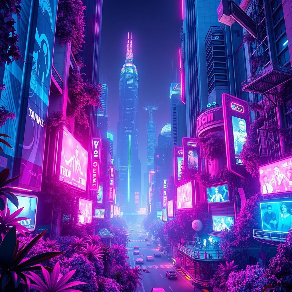 Cyberpunk-Dschungel: Eine futuristische Stadt, in der Pflanz...