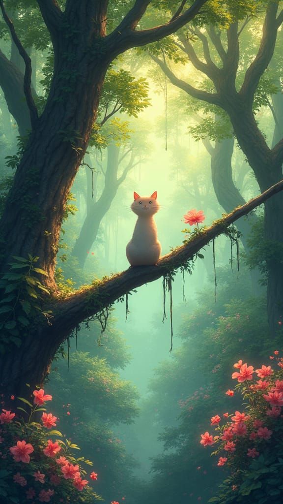 Anime Magical Forest with Guardian, Dreamy Illustration
