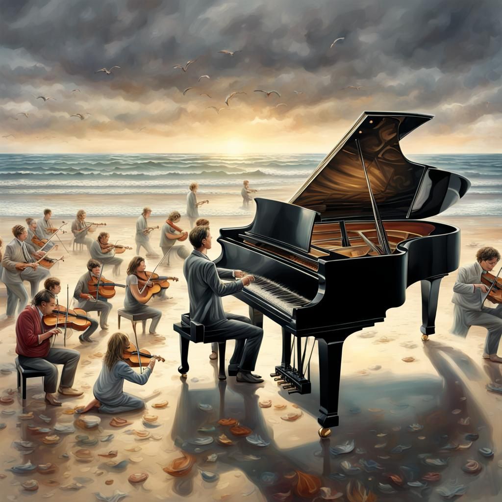 Orchestra Plays on Beach at Sunrise in Hyperrealism