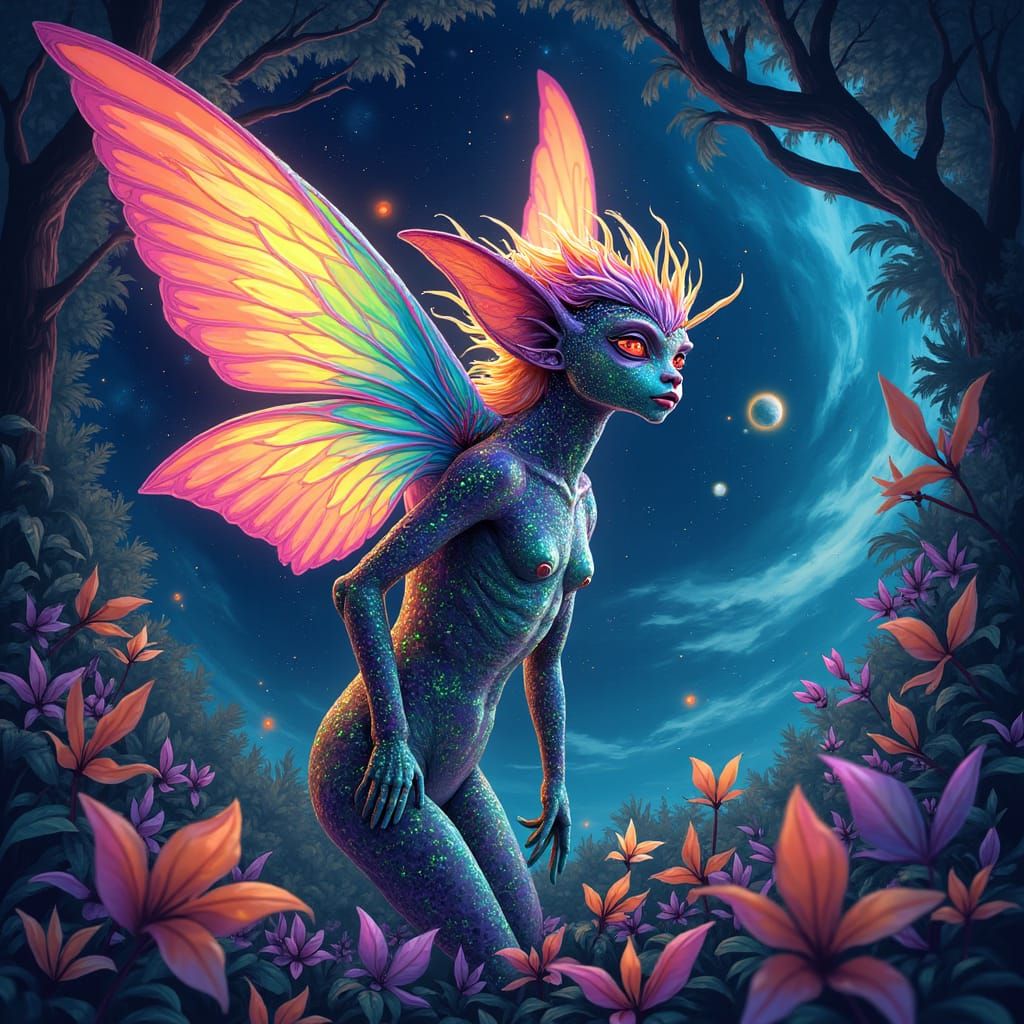 Luminescent Tropical Elf in Astral Landscape