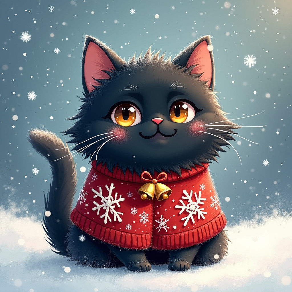 Festive Black Cat in Christmas Jumper, Chibi Style