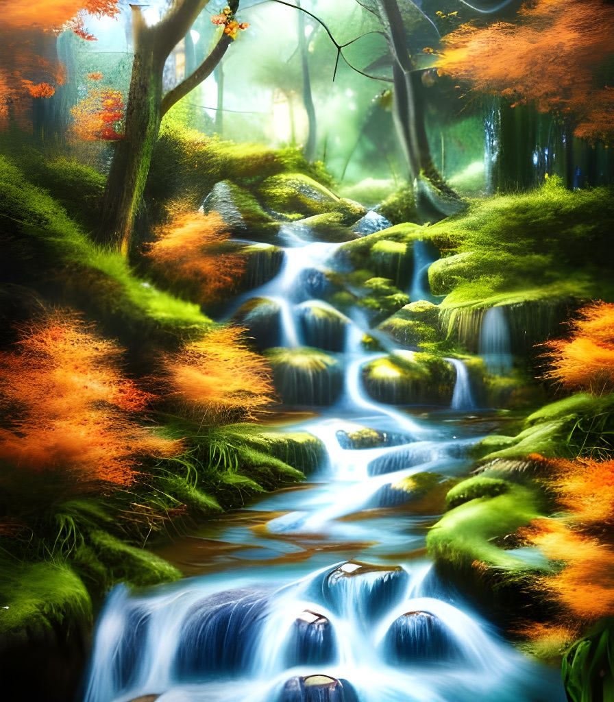 Anime Autumn Waterfall with Encaustic Painting Texture