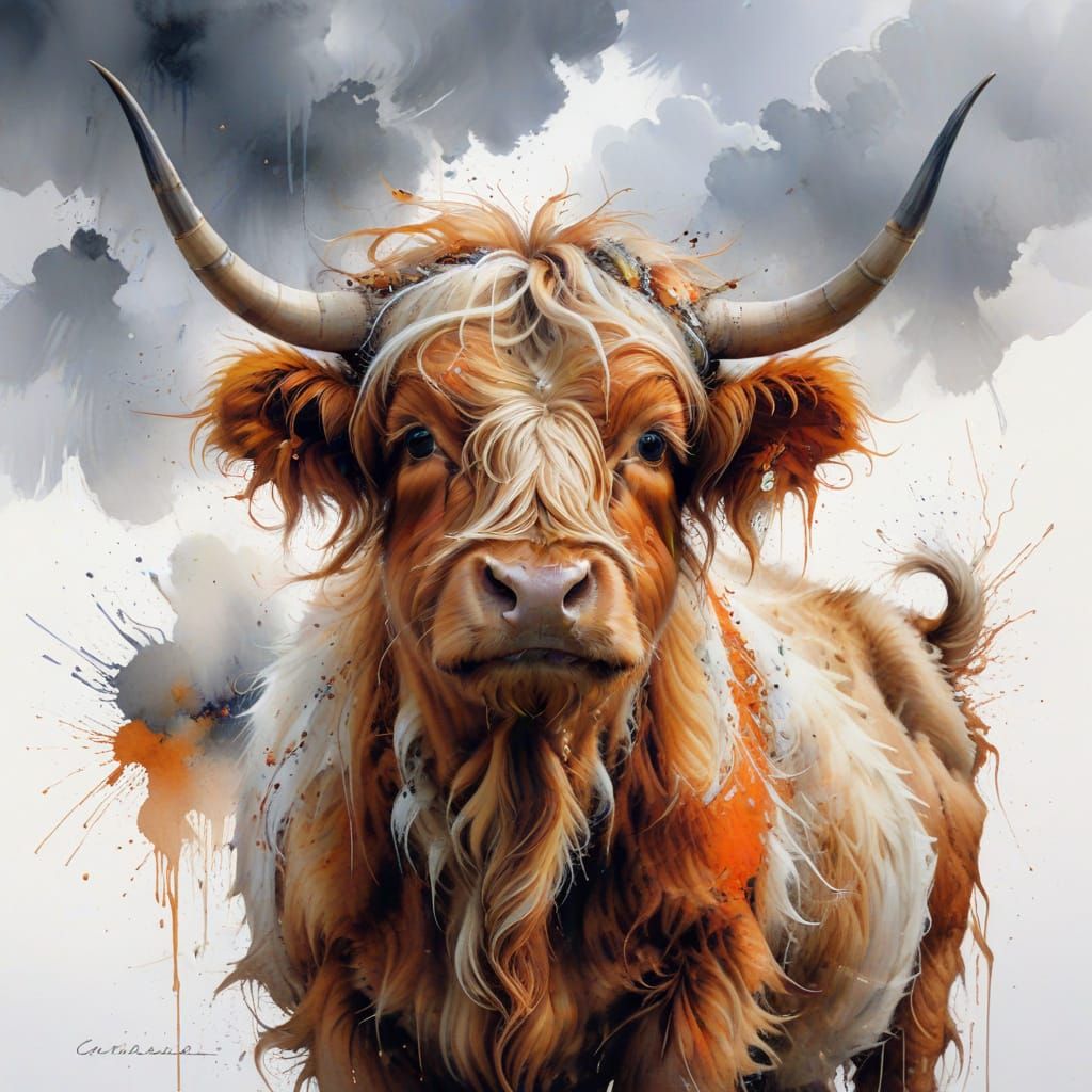 Highland Cow Portrait: Painterly Realism with Vivid Brushstr...