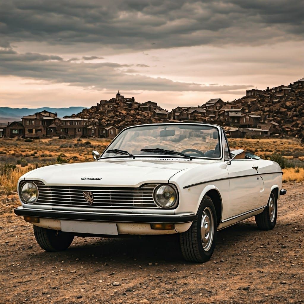 Vintage Peugeot Convertible Amidst Idaho Village Rocky Lands...