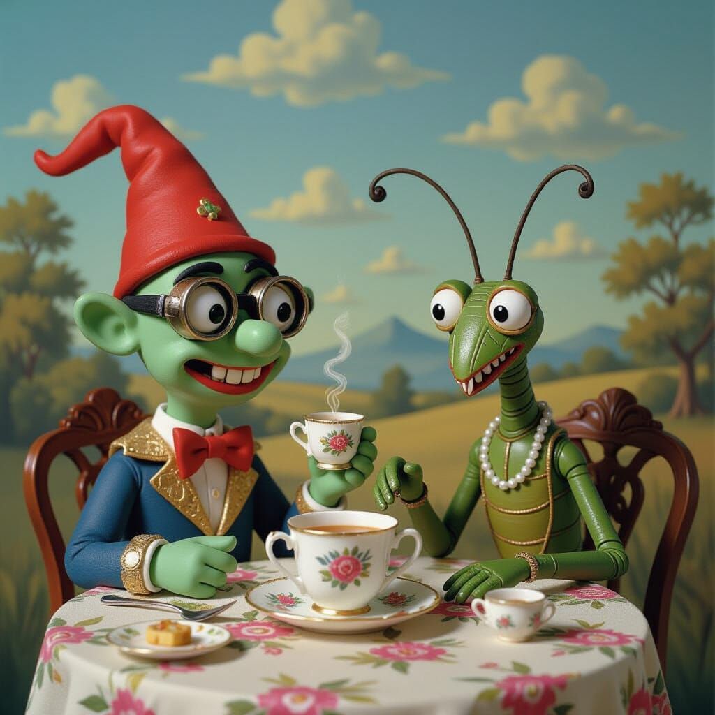 Surreal Claymation Alien Gnome Tea Party, Salvador Dali Styl...