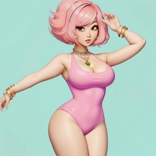 Pastel Pink Cartoon Cutie in Sparkling Green Gemstone Neckla...