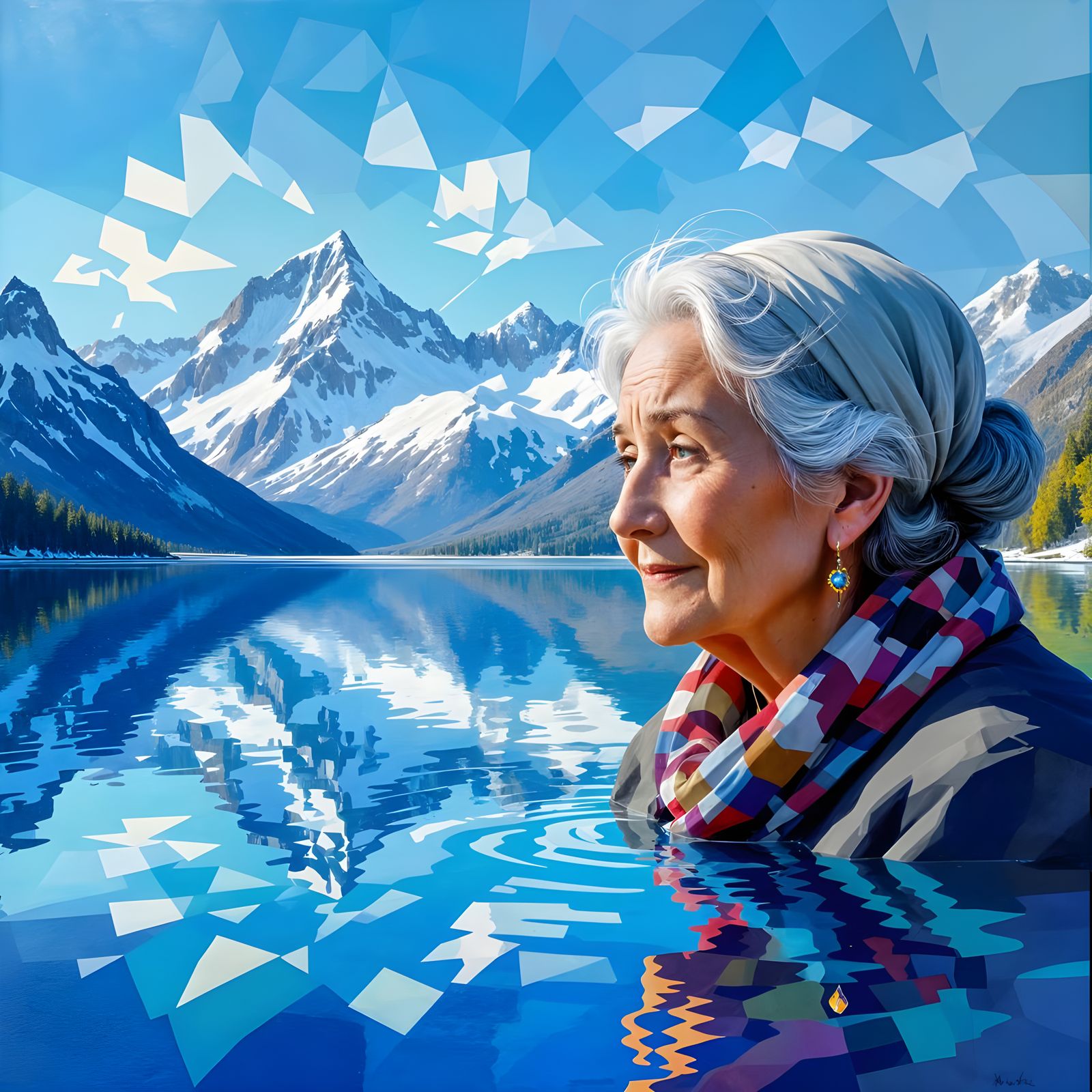 Shattered Reflection: Mountain Lake in Impressionistic Style