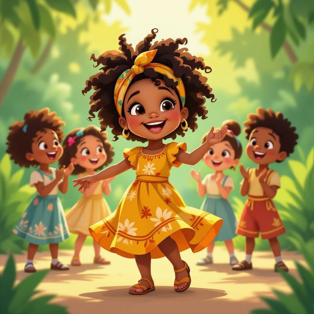 Joyful Black Girl Dancing in Caribbean Animation Style