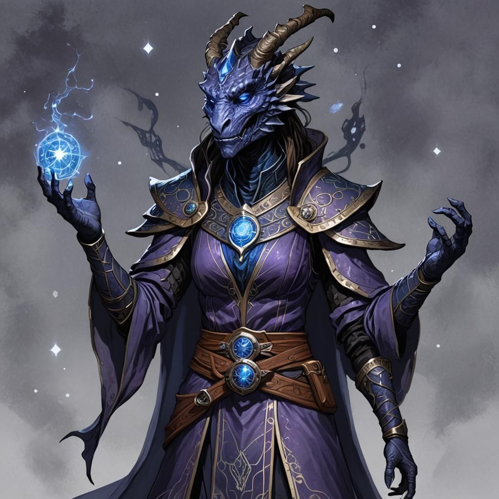Dragonborn Divination Wizard with Lightning Storm Background