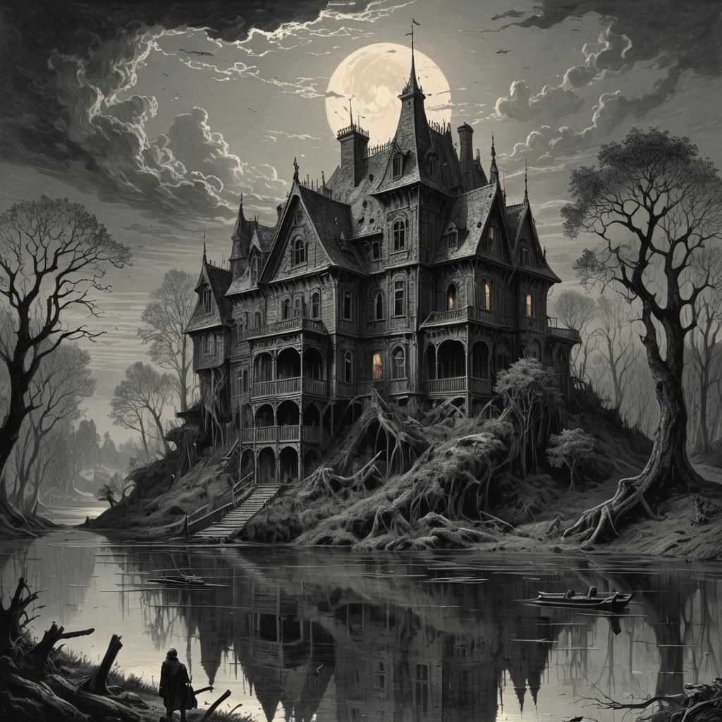 Eerie Horror House Illustration Near Lake