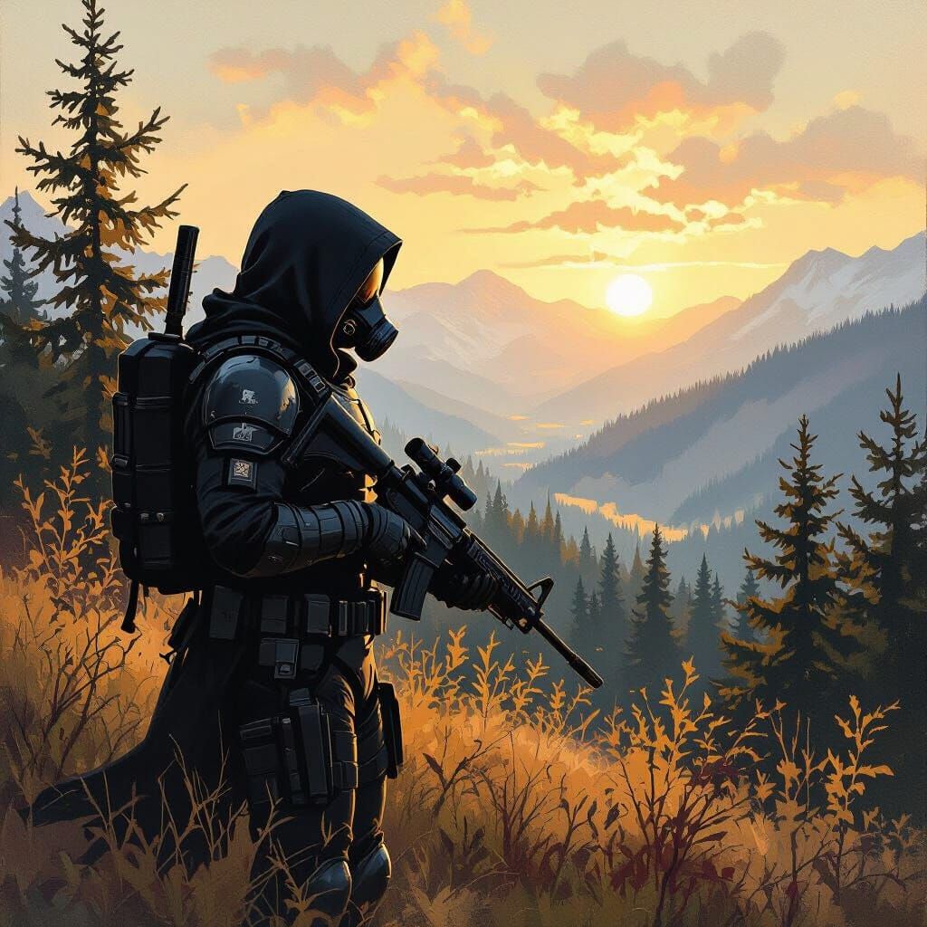 Stalker in Black Armor Gazing at Taiga Forest