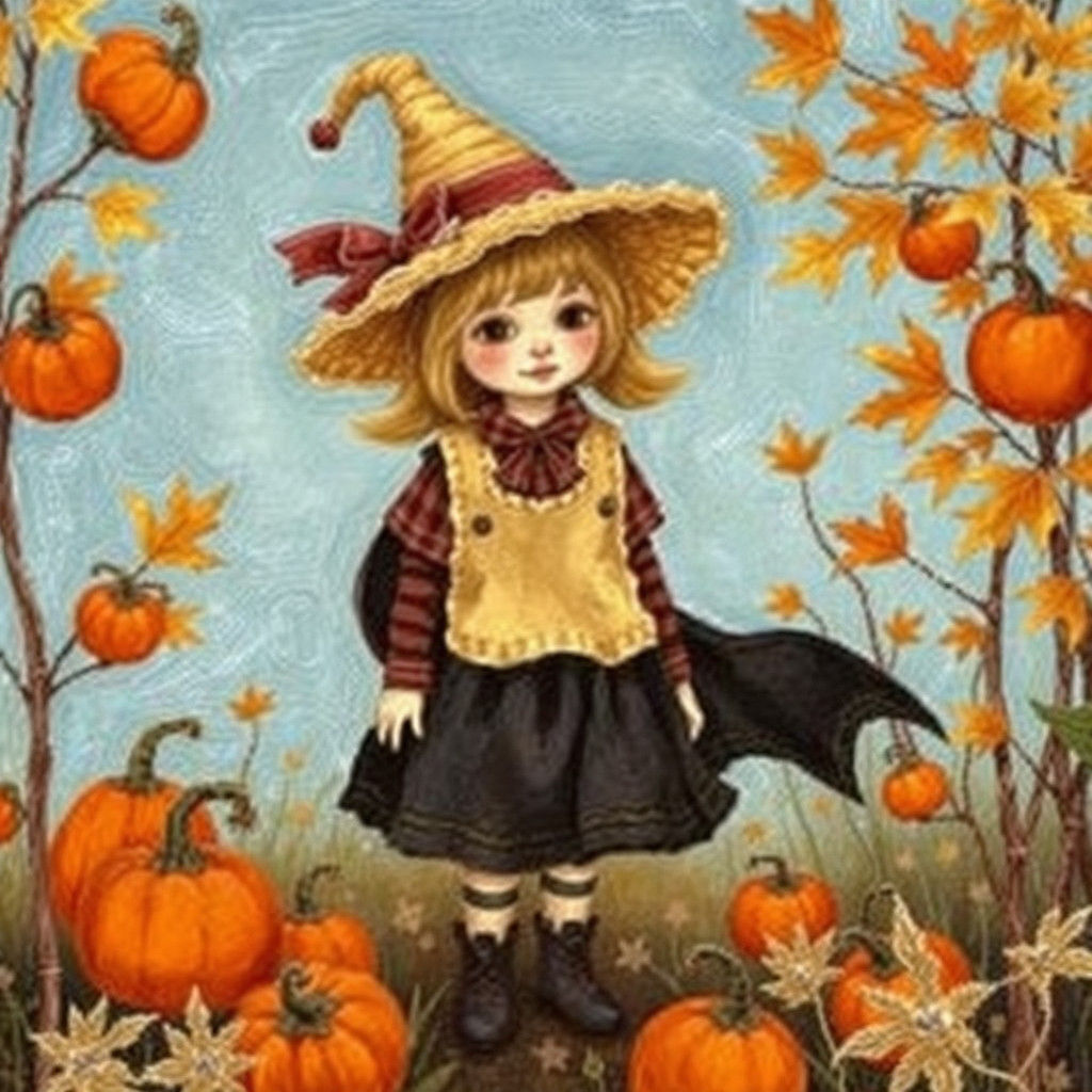 Scarecrow Girl in Autumn Pumpkin Patch, Naive Art