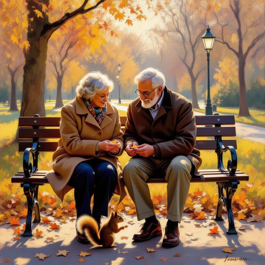Elderly Couple Feeding Squirrel in Golden Hour Park