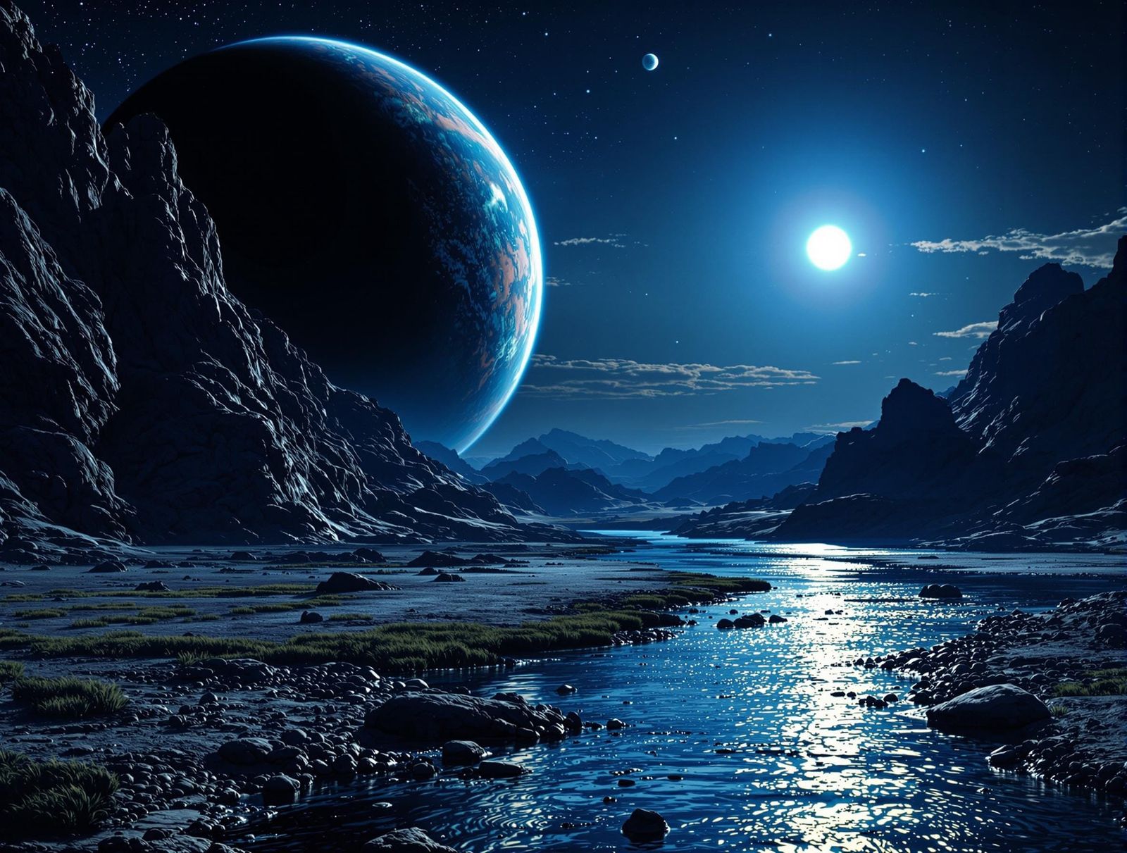 Cosmic Riverbank Scene Under a Blue Alien Sun