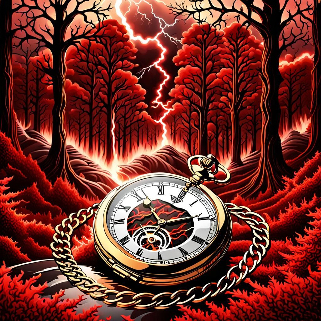 Broken Gold Pocket Watch in Red Forest Storm
