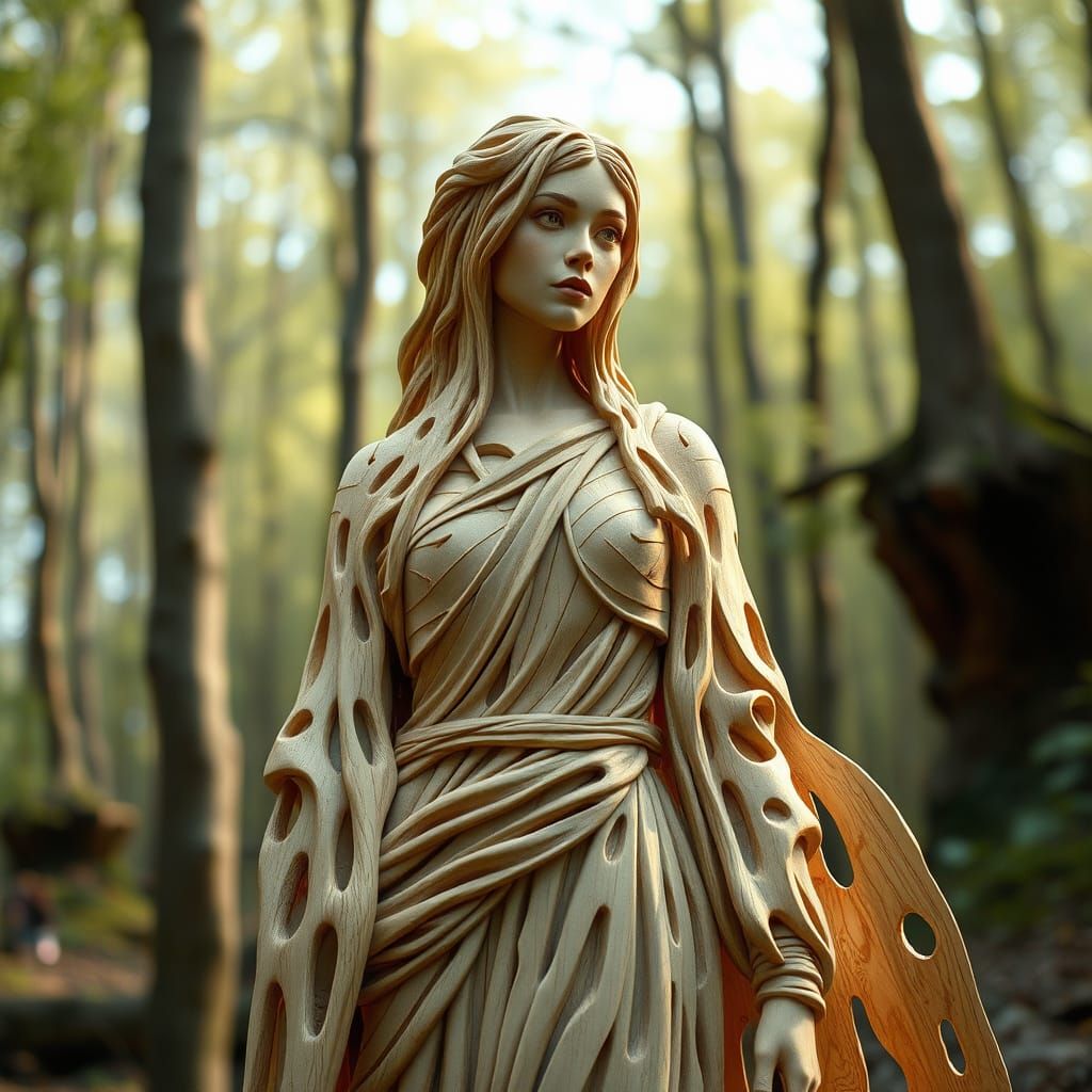 Wooden Woman in Forest, Hyperrealistic Digital Art