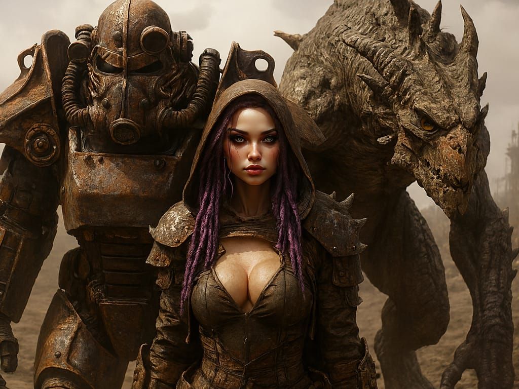 Post-Apocalyptic Woman and Deathclaw in Power Armor