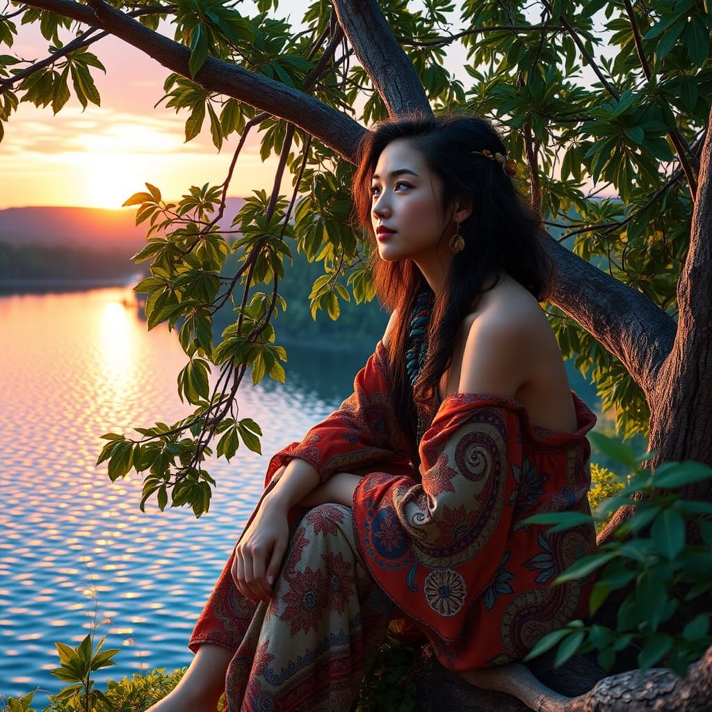 Whimsical Contemplation at Sunset in Hyperrealistic Style