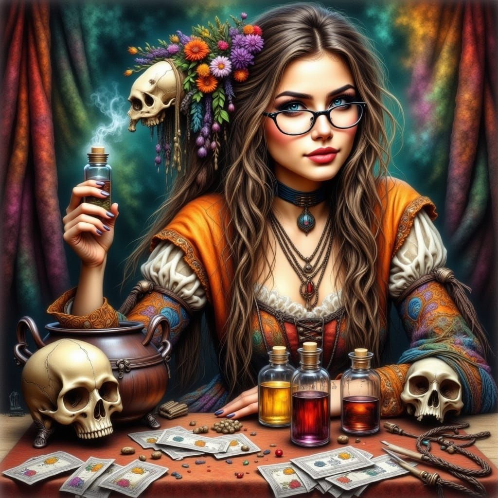 Medieval Woman with Potion Vials, Watercolor Acrylic Style