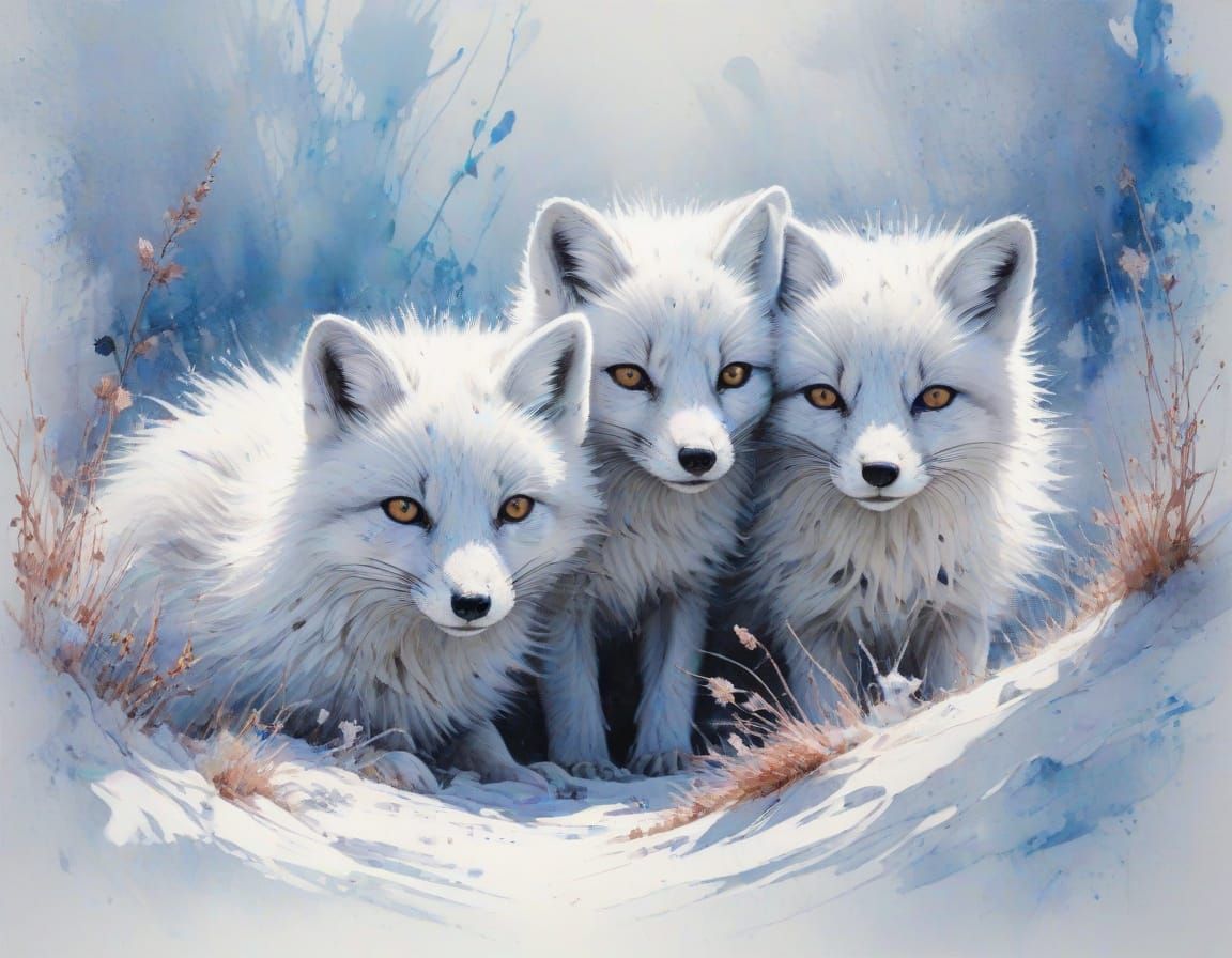 Arctic Fox Kits Snuggled in Winter Burrow, Watercolour Art