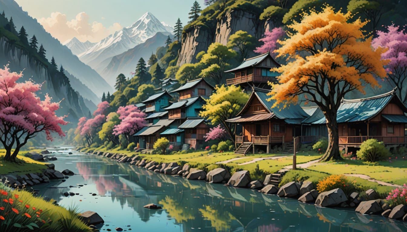 Surreal Himalayan Village Panorama in Watercolour Style