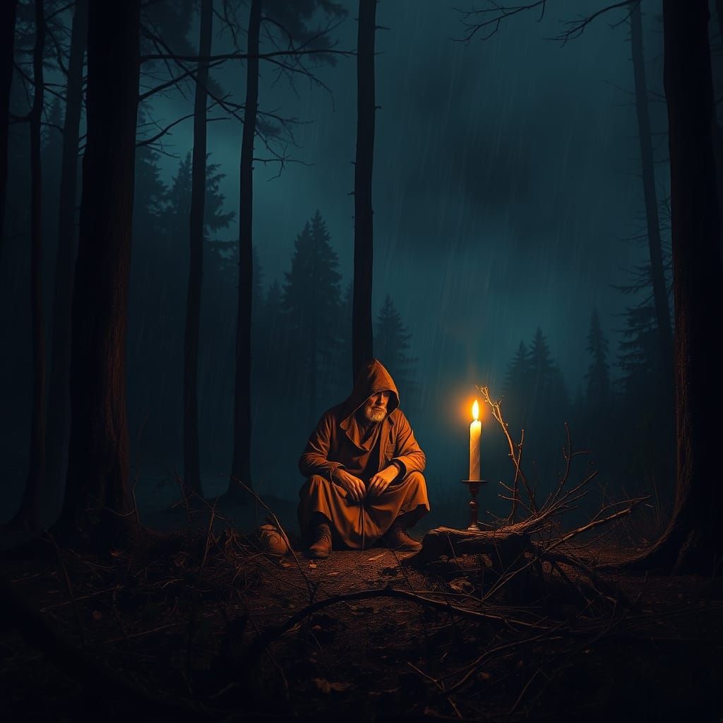 Lone Figure in Stormy Woods by Candlelight