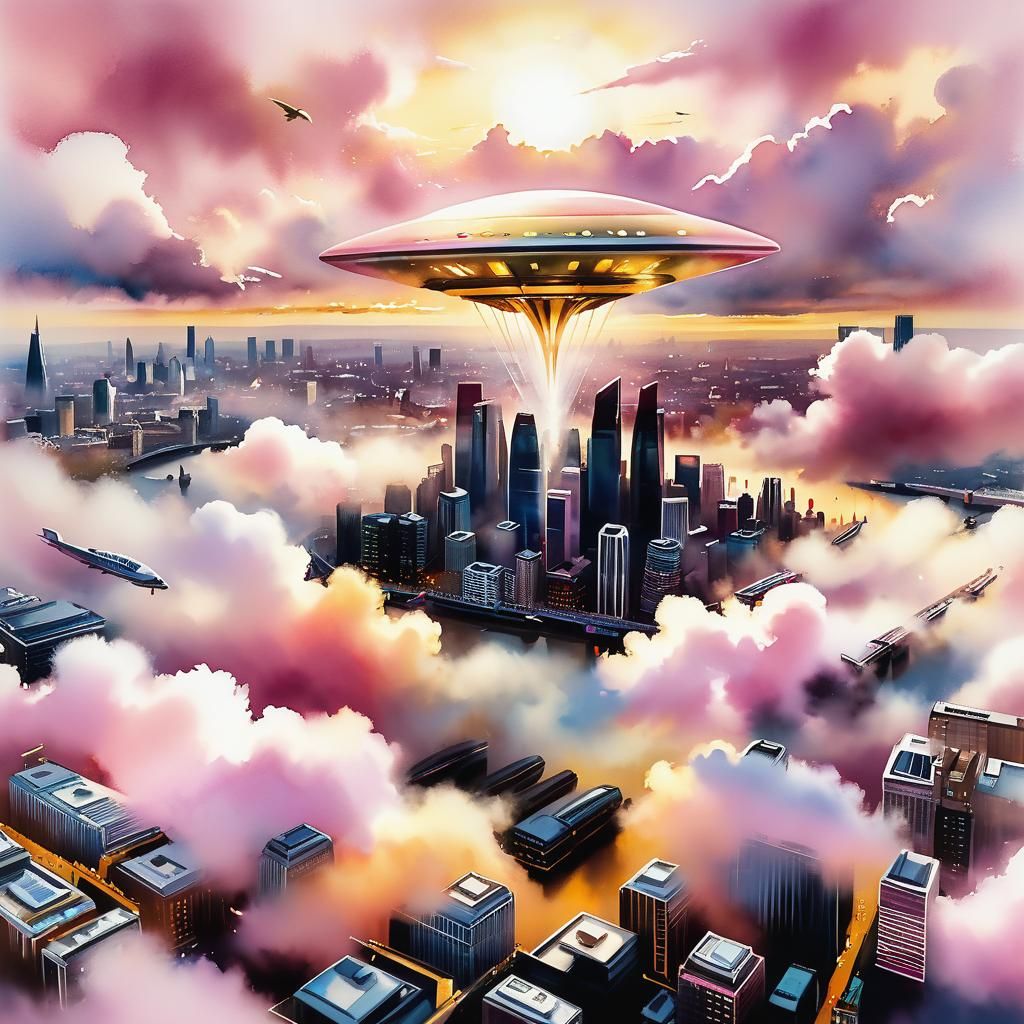 Alien Craft Over London in Watercolor