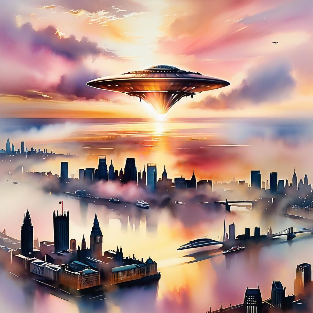 Alien Craft Over London in Watercolour Style