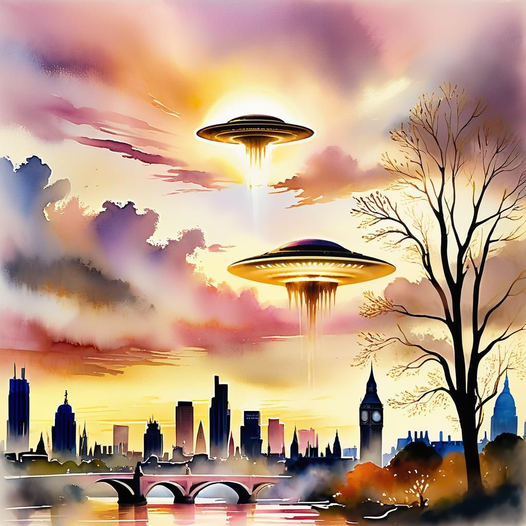 Alien Craft Over London in Turner-esque Watercolour