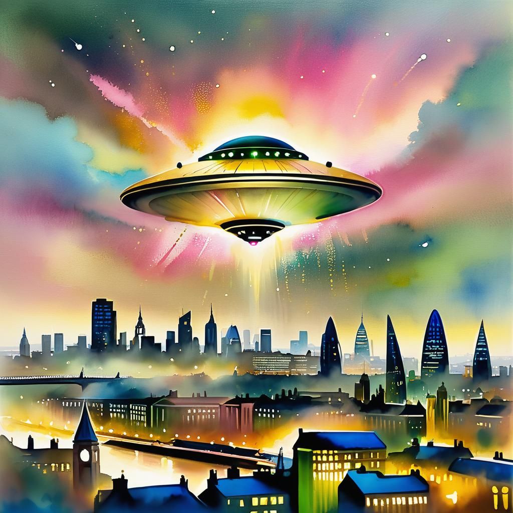 Alien Spacecraft Over London in Watercolour