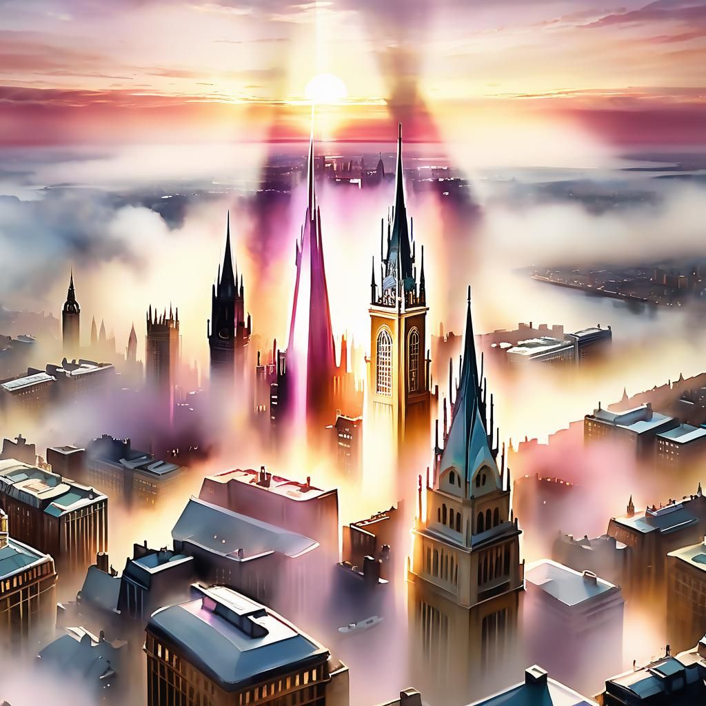 Alien Craft Over London in Watercolor Style