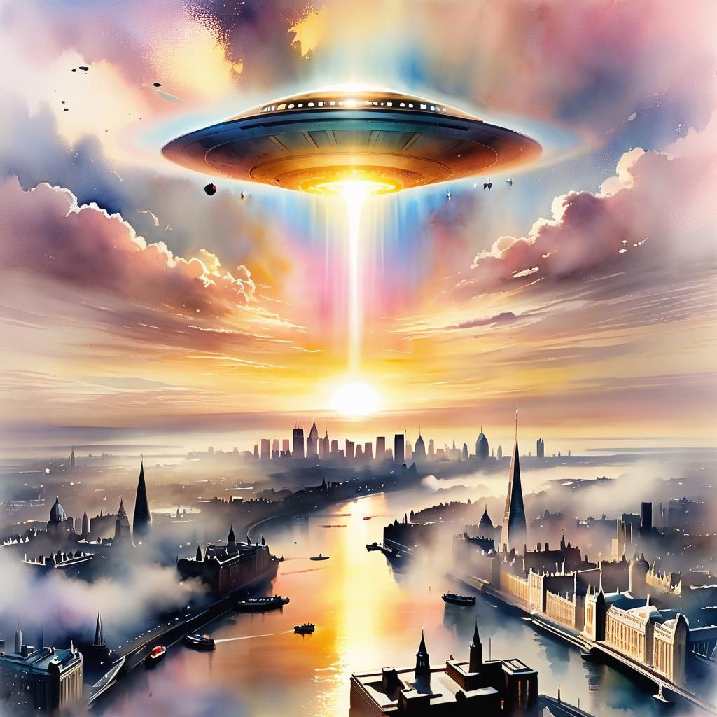 Alien Spacecraft Over London in Watercolour Style