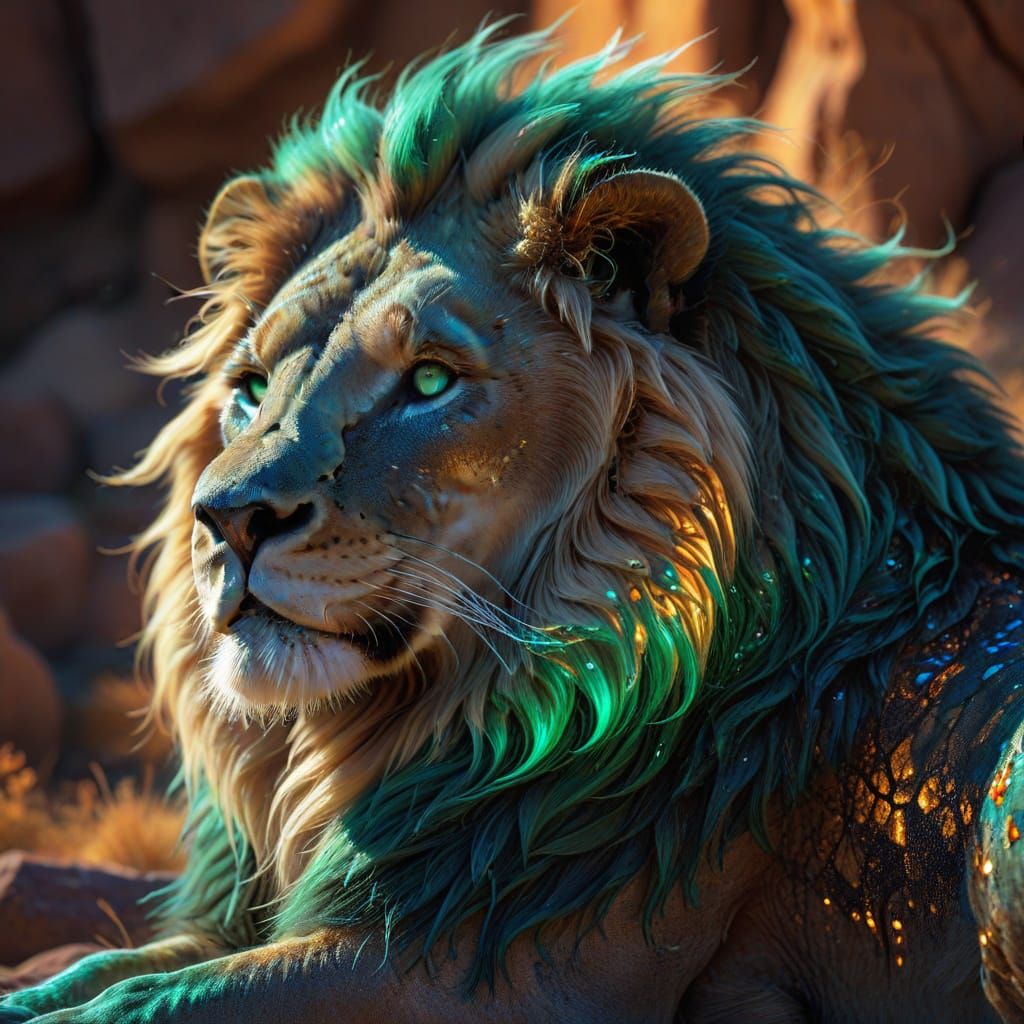 Majestic Lion with Emerald Eyes in Fractal Airbrush Art