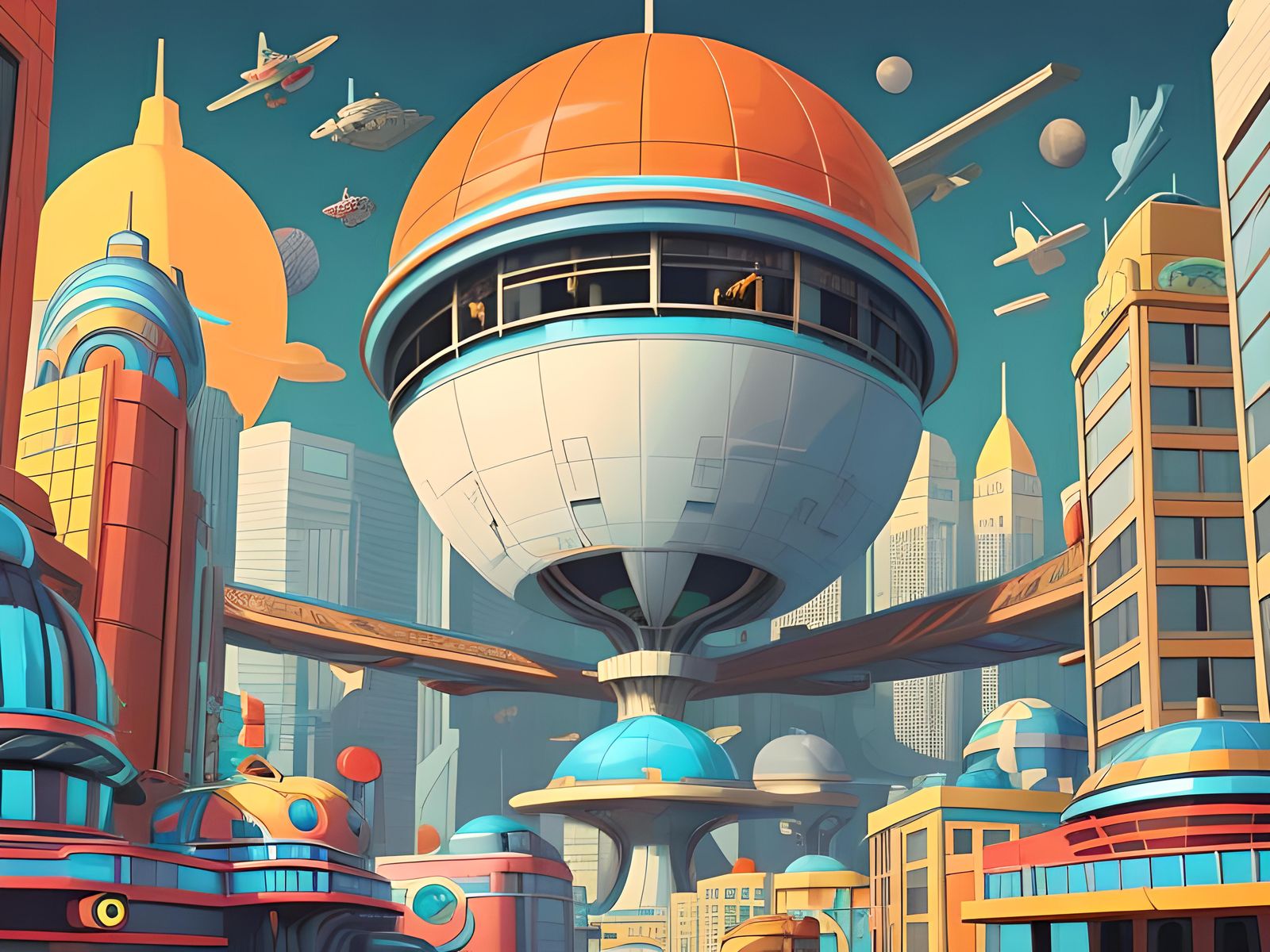 Retro-Futuristic Cityscape in 1940s Vector Art Style