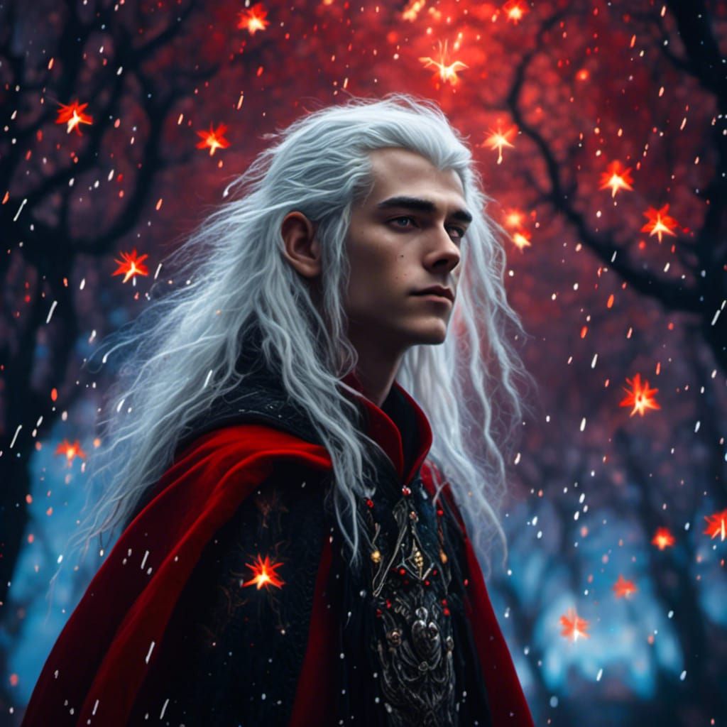 Boy with White Hair in Rainy Forest Scenery